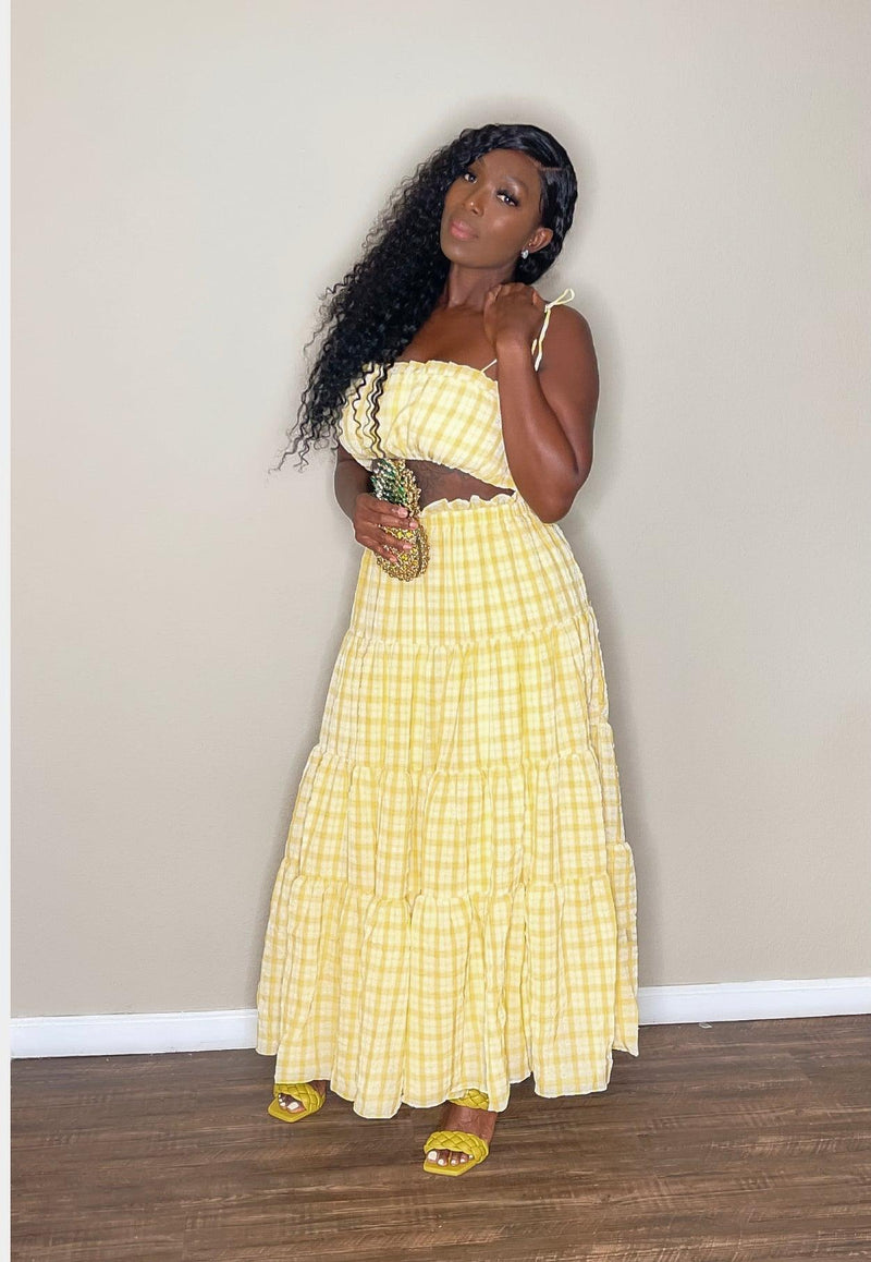 yellow and white checkered skirt set