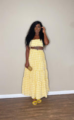 yellow and white checkered skirt set